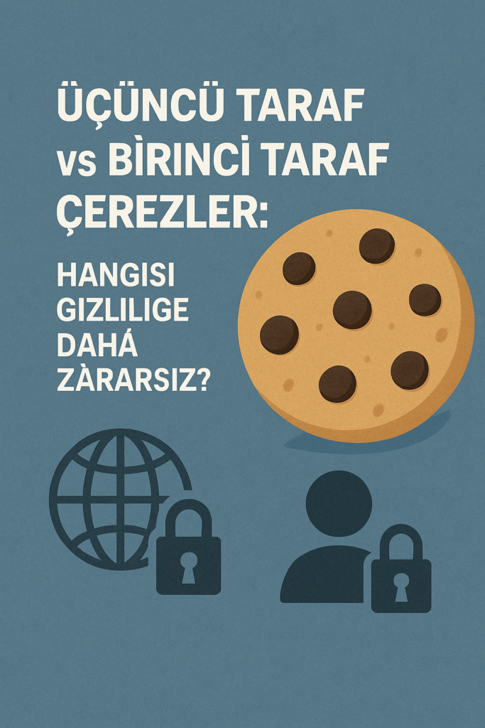 Mavi arka plan üzerinde bir kurabiye, kilit simgeleri, dünya ve kullanıcı ikonlarıyla birlikte