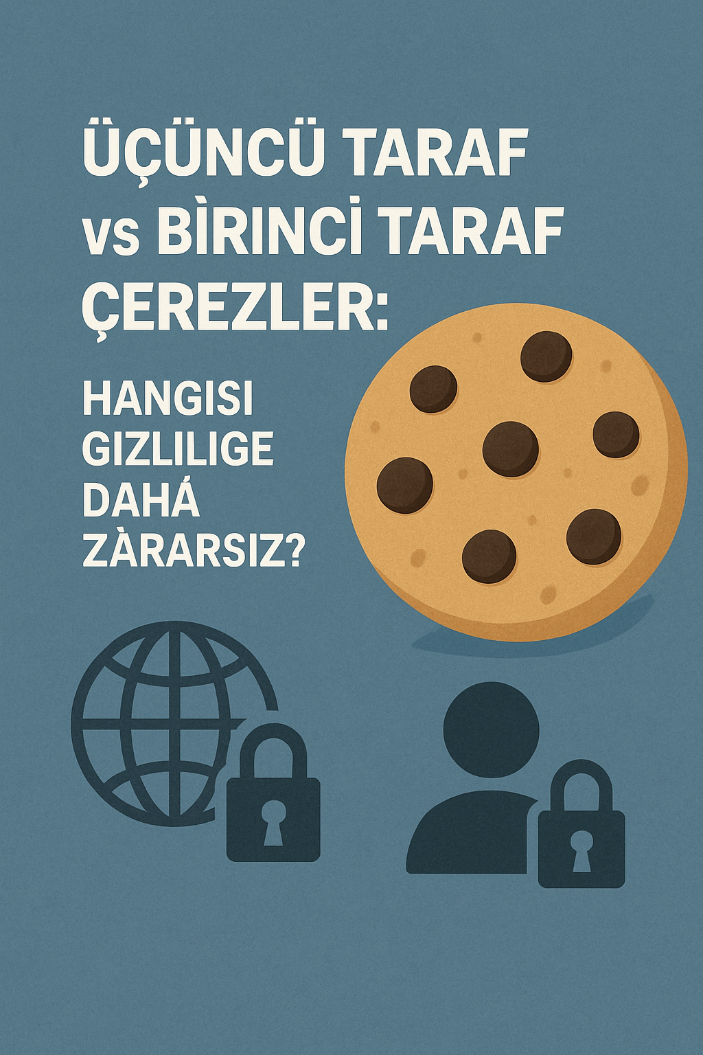 Mavi arka plan üzerinde bir kurabiye, kilit simgeleri, dünya ve kullanıcı ikonlarıyla birlikte
